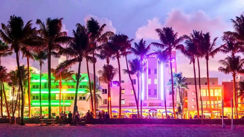 neon lights behind a line of palm trees at the beach
