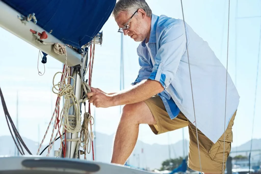 person tying rope on a boat