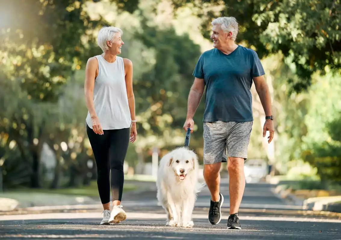 A retired couple walks their dog through their subdivision