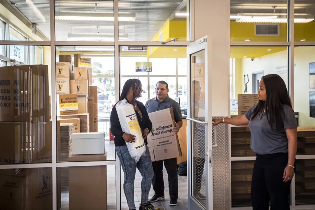 Customer purchasing moving supplies at Safeguard Self Storage.