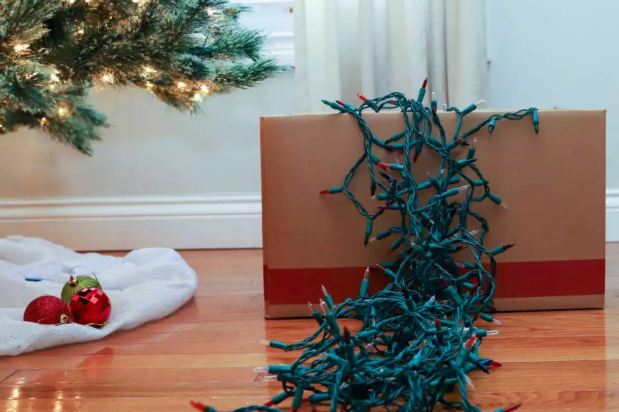 : Christmas lights hanging out of storage box near Christmas tree