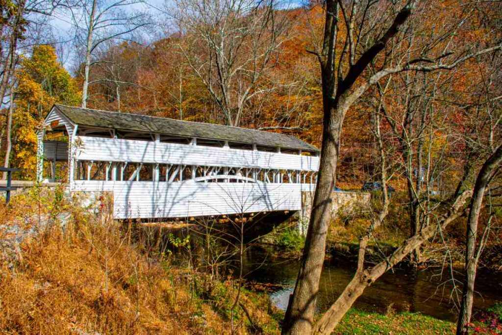 A covered bridge in the woods at Valley Forge National Historical Park.