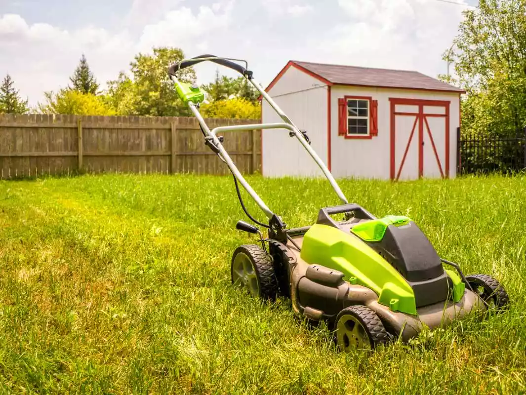 A lawn mower sitting on a freshly mowed lawn in front of a storage shed.