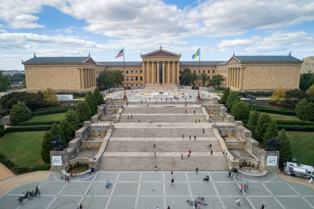 An aerial view of the Philadelphia Museum of Art’s stone building and iconic front steps.